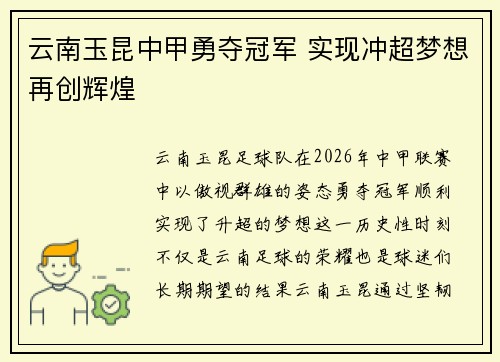 云南玉昆中甲勇夺冠军 实现冲超梦想再创辉煌 云南玉昆中甲勇夺冠军 实现冲超梦想再创辉煌