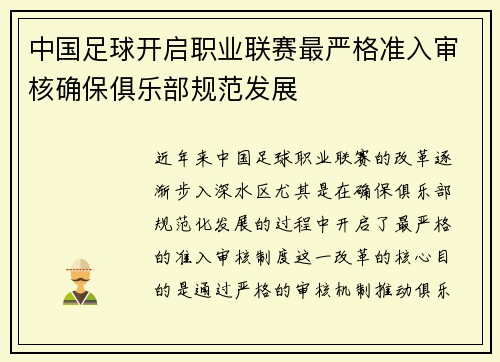 中国足球开启职业联赛最严格准入审核确保俱乐部规范发展