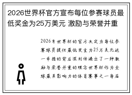 2026世界杯官方宣布每位参赛球员最低奖金为25万美元 激励与荣誉并重