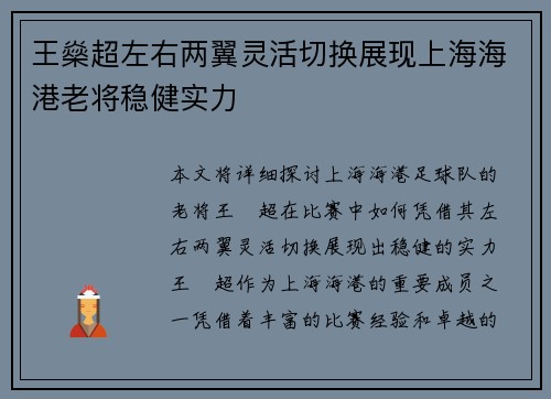 王燊超左右两翼灵活切换展现上海海港老将稳健实力