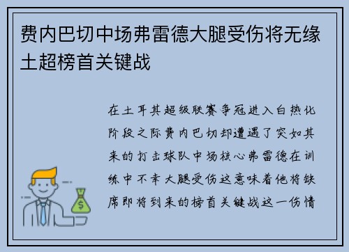费内巴切中场弗雷德大腿受伤将无缘土超榜首关键战 费内巴切中场弗雷德大腿受伤将无缘土超榜首关键战